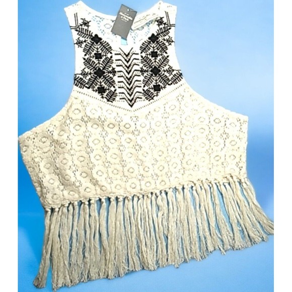 Y2K A & F Cropped Beaded Embroidered Fringed Lace Top Halter Sz L New W Tags - Picture 1 of 10